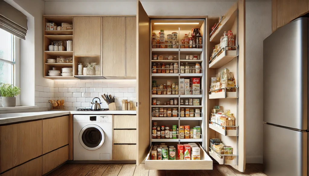 A small kitchen featuring pull-out pantry cabinets installed between appliances, providing easy access to groceries and maximizing storage in a limited space. The kitchen has a modern, clean design with natural light enhancing the atmosphere