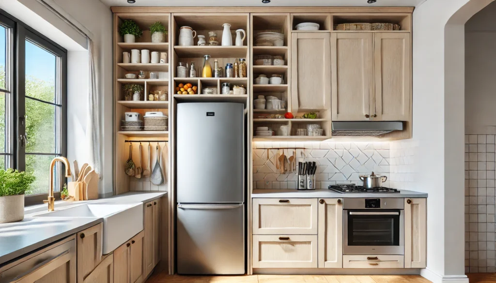 A small kitchen featuring over-the-refrigerator cabinets for storing seldom-used items or kitchen decor. The design is modern with light wood finishes and sleek appliances, maximizing available space and providing an organized, efficient layout