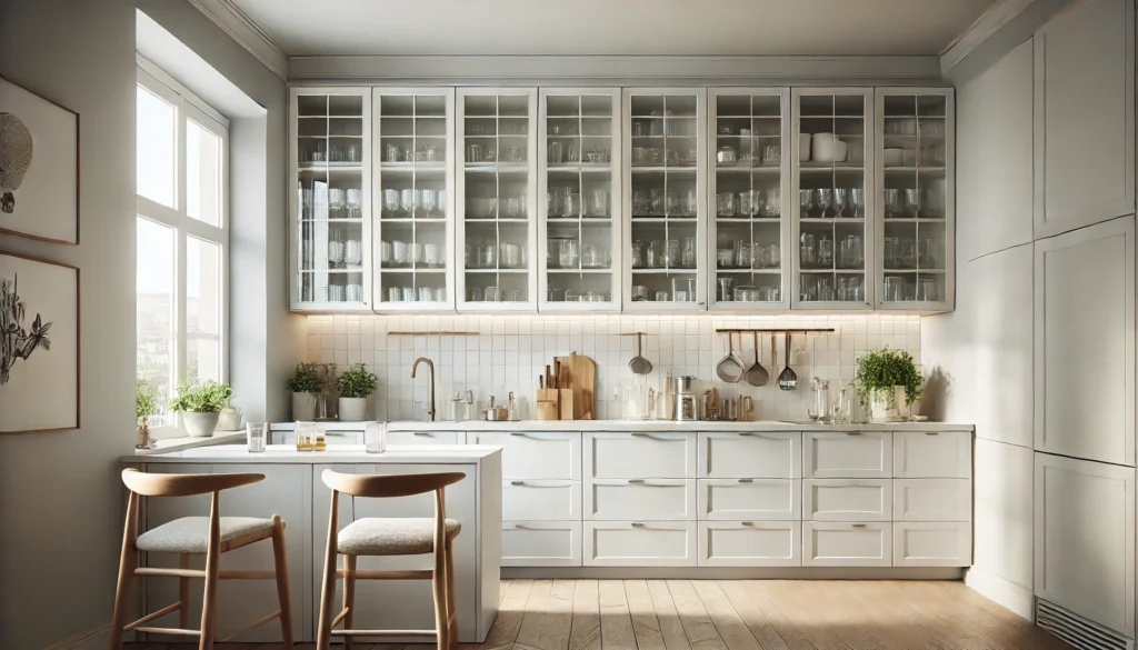 A small kitchen featuring sleek glass-front cabinets, either clear or frosted, displaying organized glassware. The design enhances the space's openness and brightness, creating a minimalist and elegant atmosphere