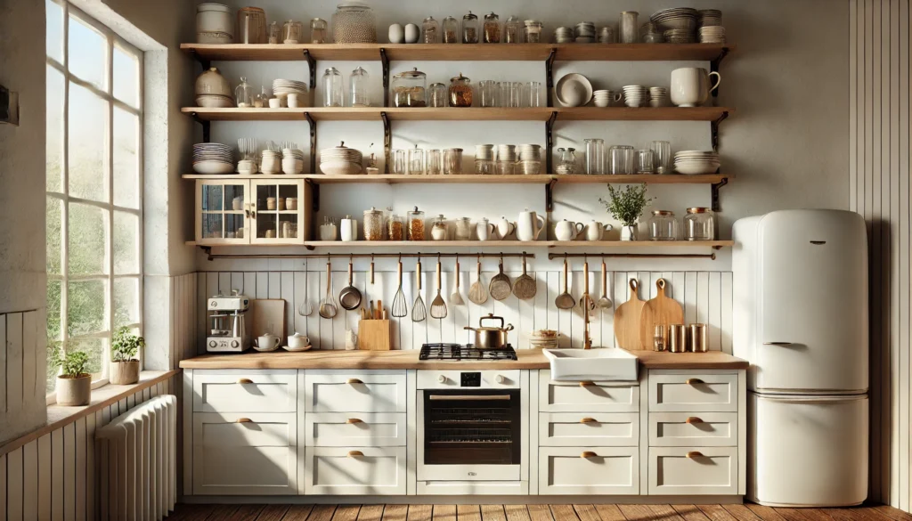 A small kitchen with open shelving displaying neatly organized kitchenware. The design combines contemporary and vintage decor, creating an airy and spacious atmosphere with easy access to items