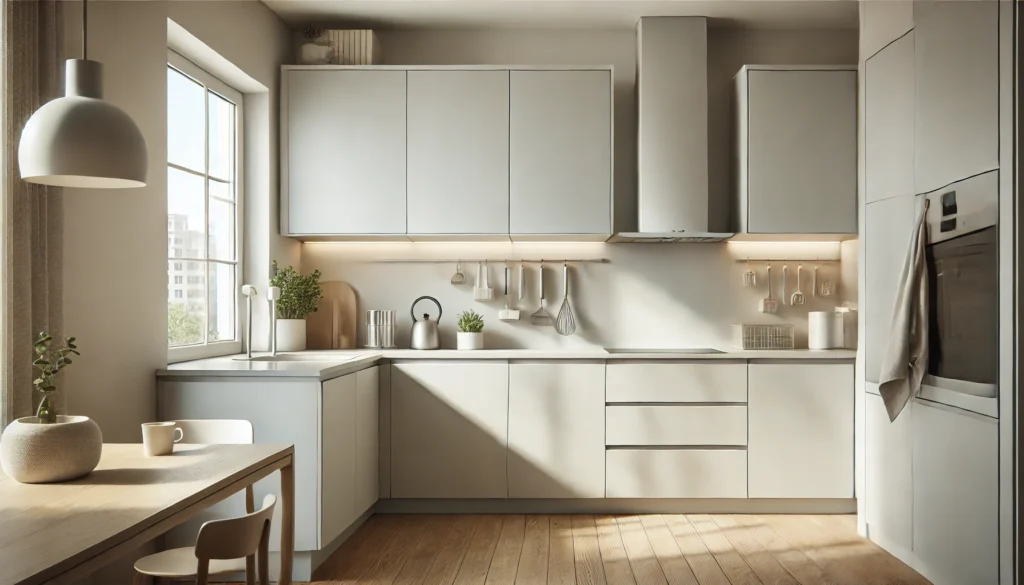 A small kitchen featuring sleek, modern handleless cabinets with a smooth, seamless design. The minimalist style enhances the space, making it feel open, clean, and bright with natural light