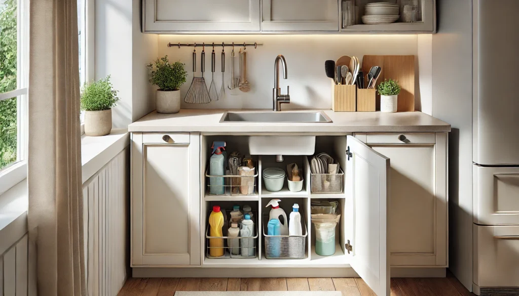 A small kitchen featuring an under-sink cabinet designed to store cleaning supplies and tools. The space is organized to maximize the underutilized area, creating a functional and clutter-free kitchen environment