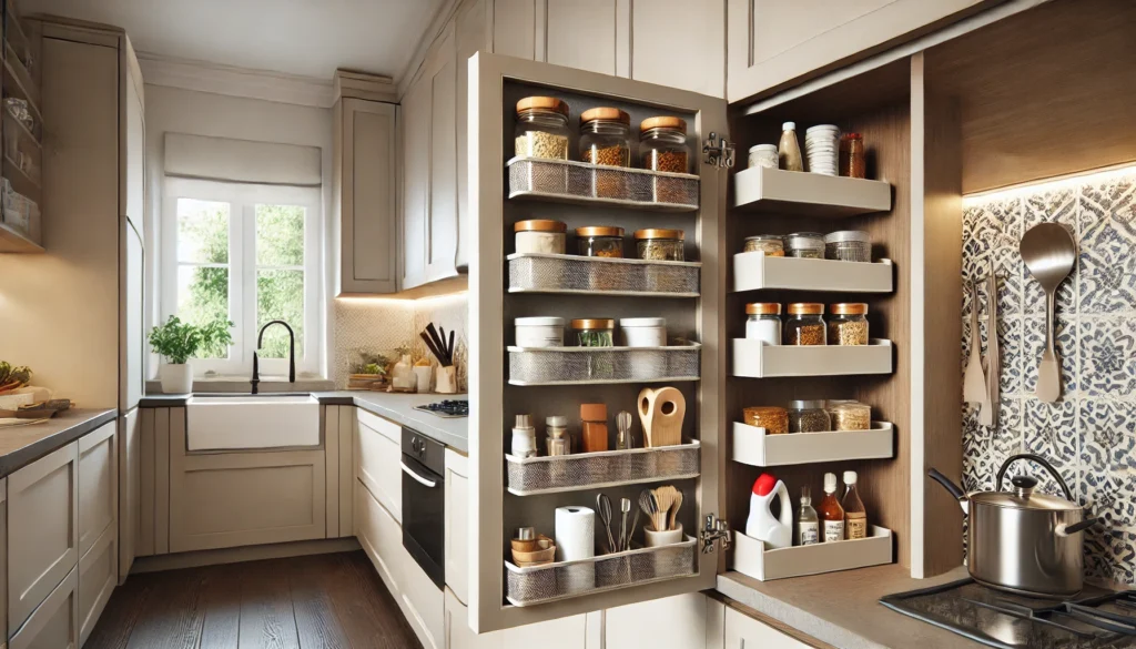 A small kitchen featuring cabinet door organizers that hold spices, cleaning supplies, and kitchen gadgets, maximizing storage space and keeping the kitchen organized and clutter-free