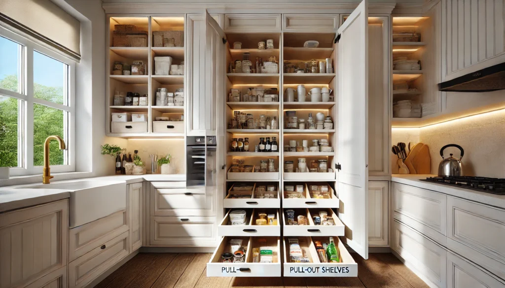 A small kitchen featuring pull-out shelves in deep cabinets, designed to improve accessibility and maximize storage space. The kitchen has a clean, modern design with neatly organized items on the shelves and natural light enhancing the space