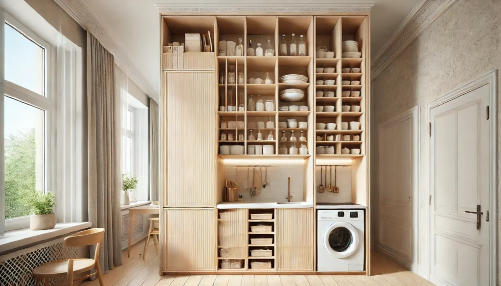 A small kitchen featuring tall, slim cabinets and open shelving units that maximize vertical space for storing items such as baking sheets and cutting boards. The design enhances storage efficiency while keeping the floor space clear