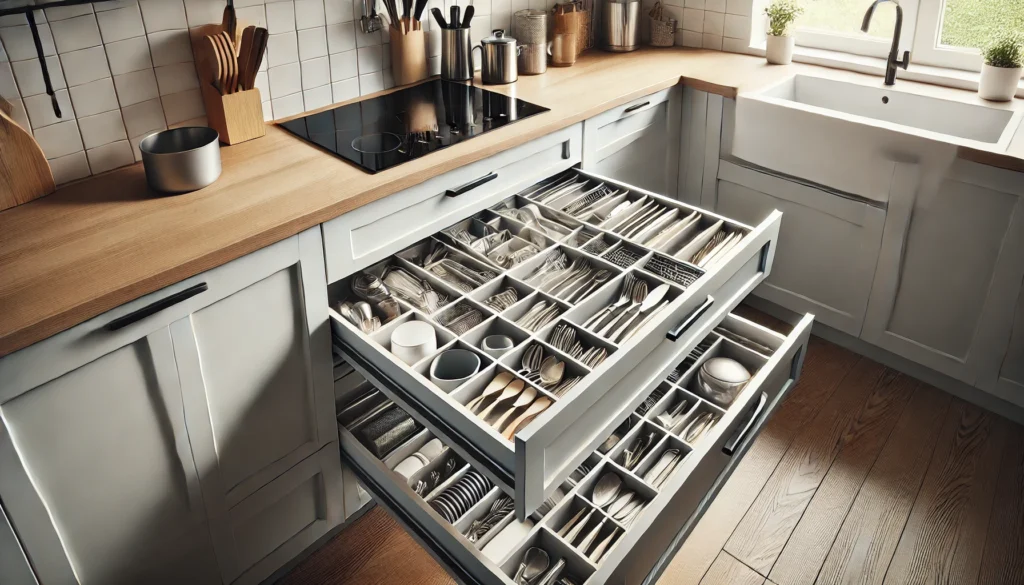 A small kitchen with neatly organized drawer dividers separating utensils, gadgets, and cutlery. The modern design highlights an efficient and clutter-free storage solution with natural light filling the space