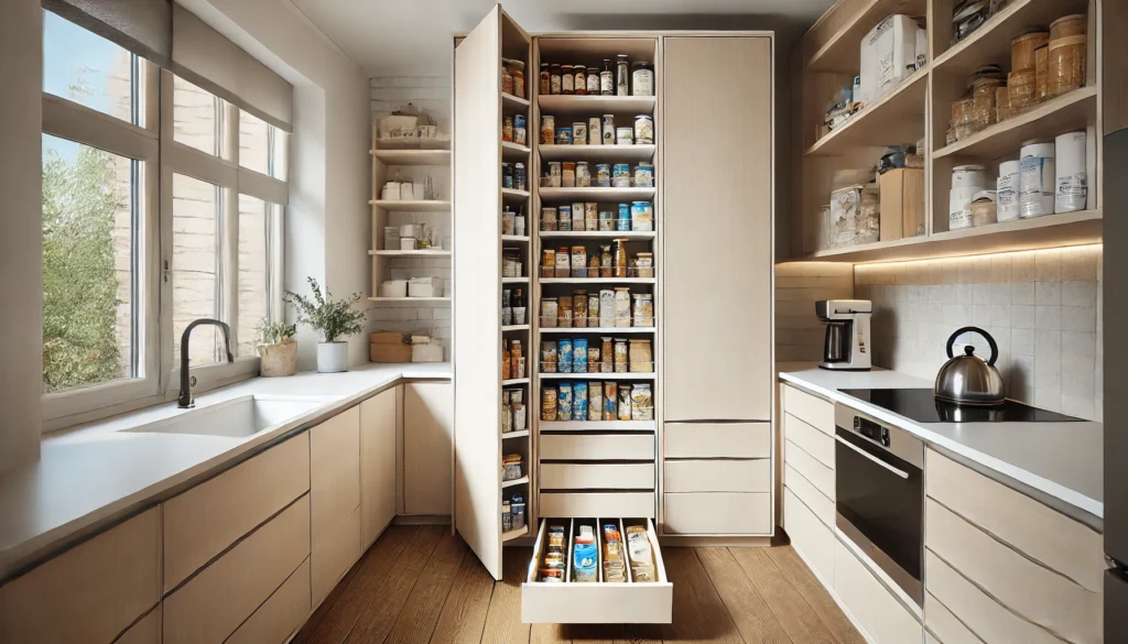 A small kitchen featuring slim pantry cabinets with pull-out drawers, designed to maximize storage in narrow spaces. The kitchen has a modern, minimalist design with natural light highlighting the efficient use of space