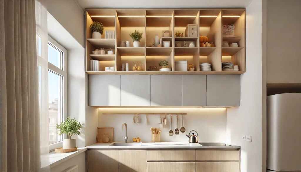 A small kitchen with overhead cabinets installed above the countertops, maximizing wall space for storage and kitchen decorations. The modern design creates a functional and bright kitchen with natural light