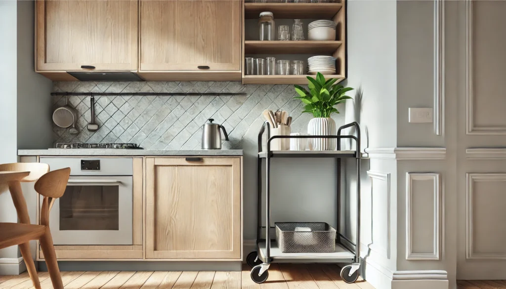 A small kitchen with a wheeled rolling cart doubling as extra countertop space and storage. The cart is neatly tucked in a corner, maximizing kitchen space with a modern, minimalist design