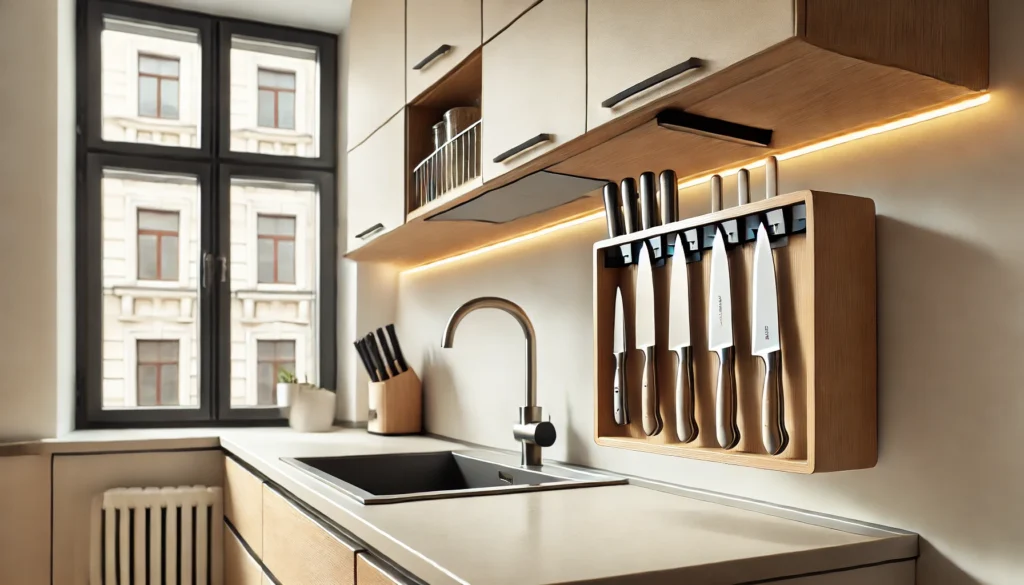 A small kitchen with a magnetic knife strip mounted on the wall, holding knives for easy access. The design maximizes space and enhances kitchen organization while maintaining a modern, minimalist aesthetic