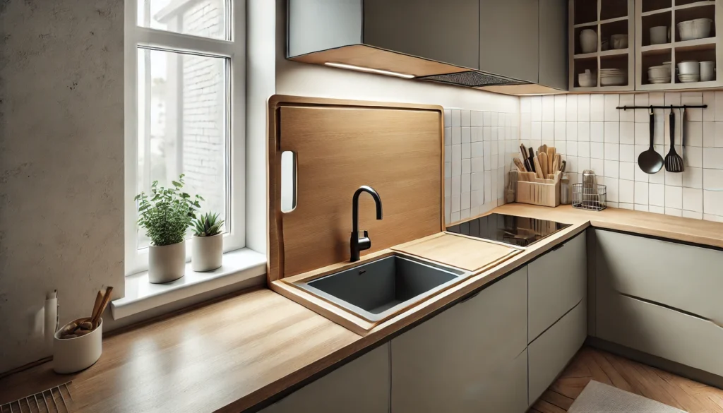 A small kitchen featuring an over-the-sink cutting board that adds additional prep space. The cutting board is removable and can be stored vertically when not in use, creating a functional and efficient kitchen environment