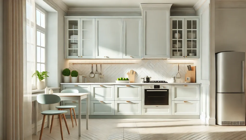 A small kitchen with freshly painted cabinets in bright tones, creating a spacious and airy atmosphere. The design enhances the openness of the space, with natural light filling the room