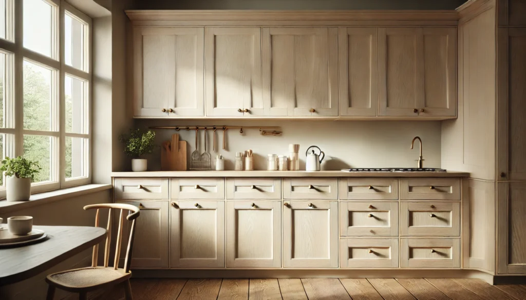 A small kitchen with newly updated cabinet hardware, featuring simple, modern handles or knobs that refresh the overall design. The minimalist kitchen is bright and stylish with natural light