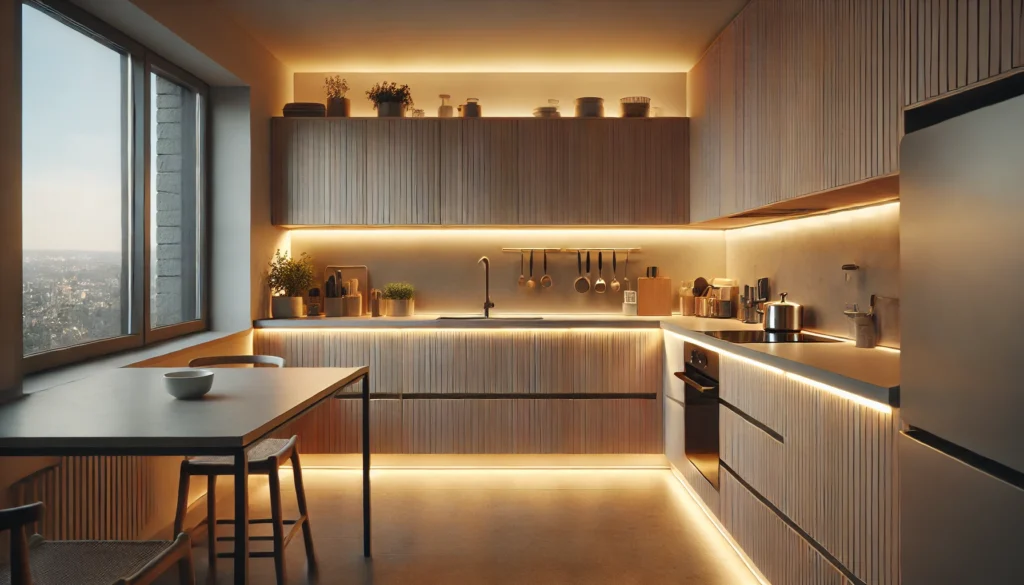 A small kitchen with under-cabinet LED strip lighting illuminating the workspace, creating a bright and modern atmosphere. The clean, minimalist design enhances the kitchen's functionality and aesthetic