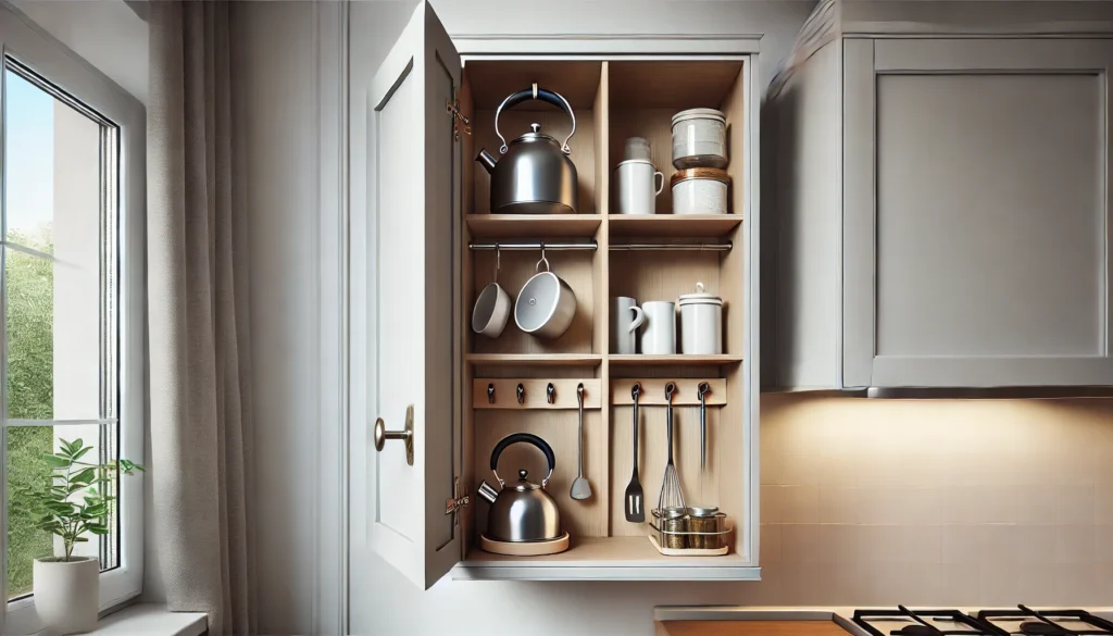 A small kitchen with hooks or a tiny stand on the inside of a cabinet door, used to hang pots, kettles, or a small spice shelf. The design highlights space-saving and organization in a modern, minimalist kitchen