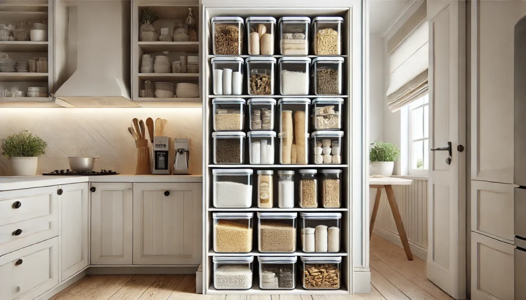 A small kitchen featuring stackable, clear containers neatly organized on a shelf or in a pantry for storing dry goods. The design emphasizes space-saving, reducing clutter, and enhancing kitchen organization