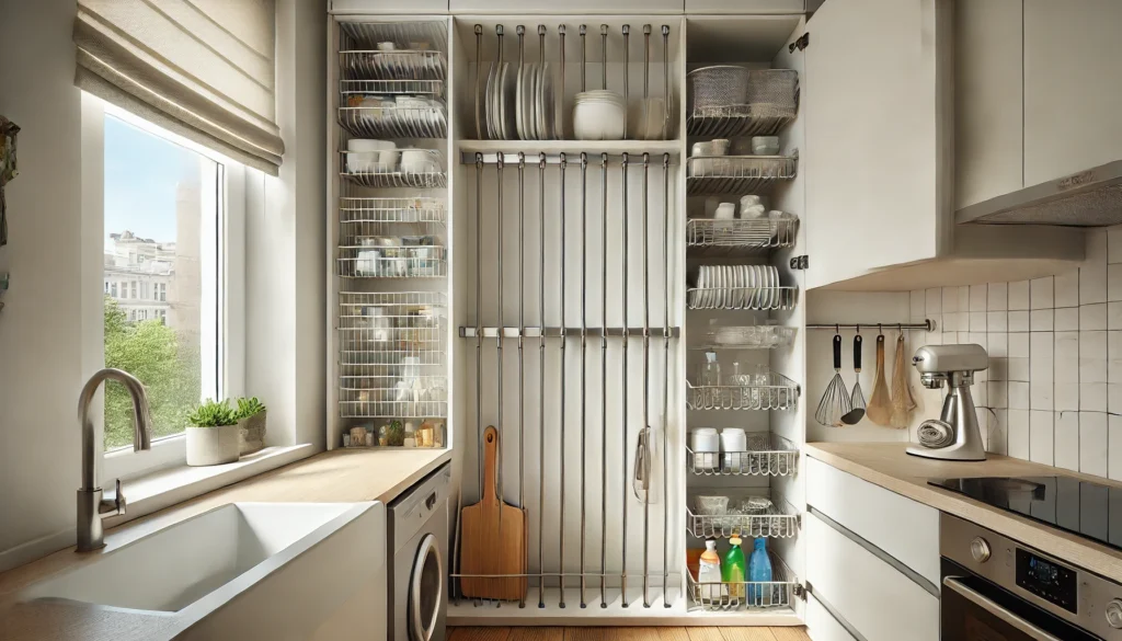 A small kitchen with vertical tension rods installed in the cabinets, used to organize baking sheets, cutting boards, and cleaning supplies. The design emphasizes space-saving and efficient kitchen organization