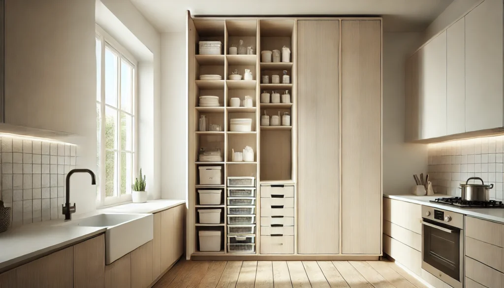 A small kitchen with tall, narrow cabinets designed to maximize vertical storage. The cabinets provide space for less frequently used items or appliances, enhancing the kitchen's functionality and organization