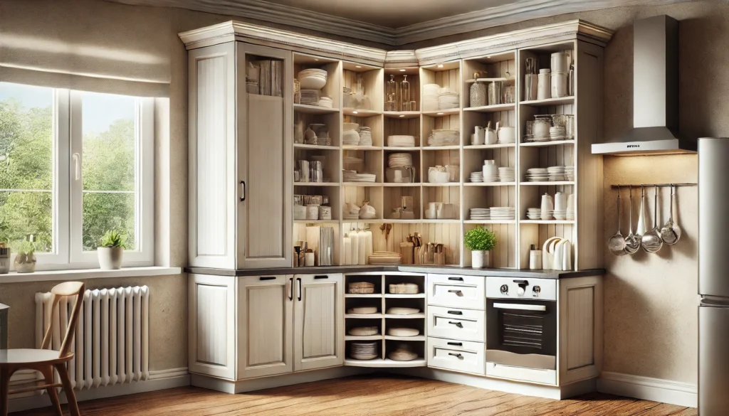 A small kitchen featuring corner cabinets with Lazy Susans, providing rotating shelves for easy access to kitchen tools and supplies. The design maximizes corner space, enhancing the kitchen's efficiency and organization