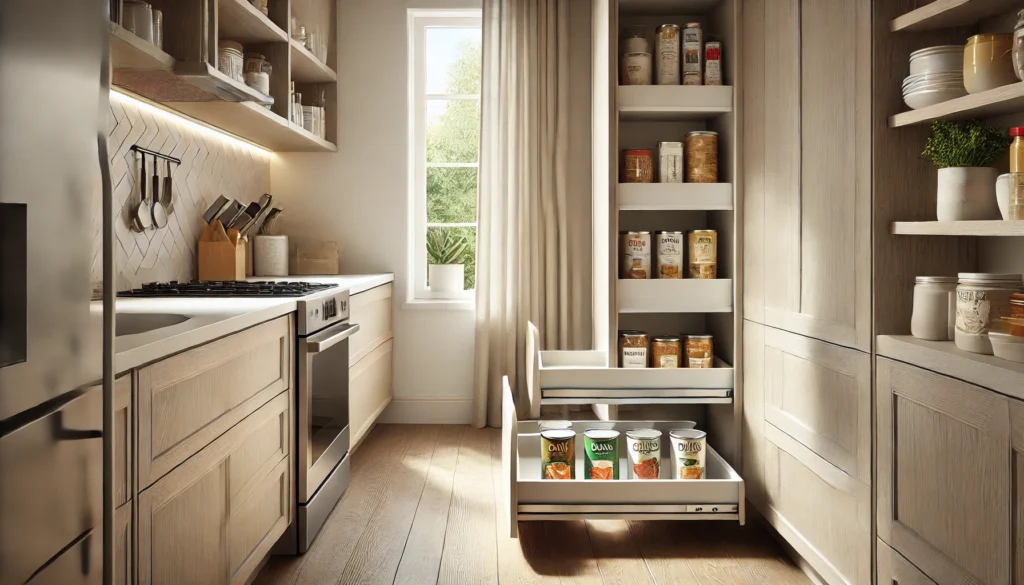 A small kitchen featuring slim pull-out pantry cabinets installed between appliances, offering easy access to stored items like cans and jars. The modern design maximizes kitchen space and enhances organization