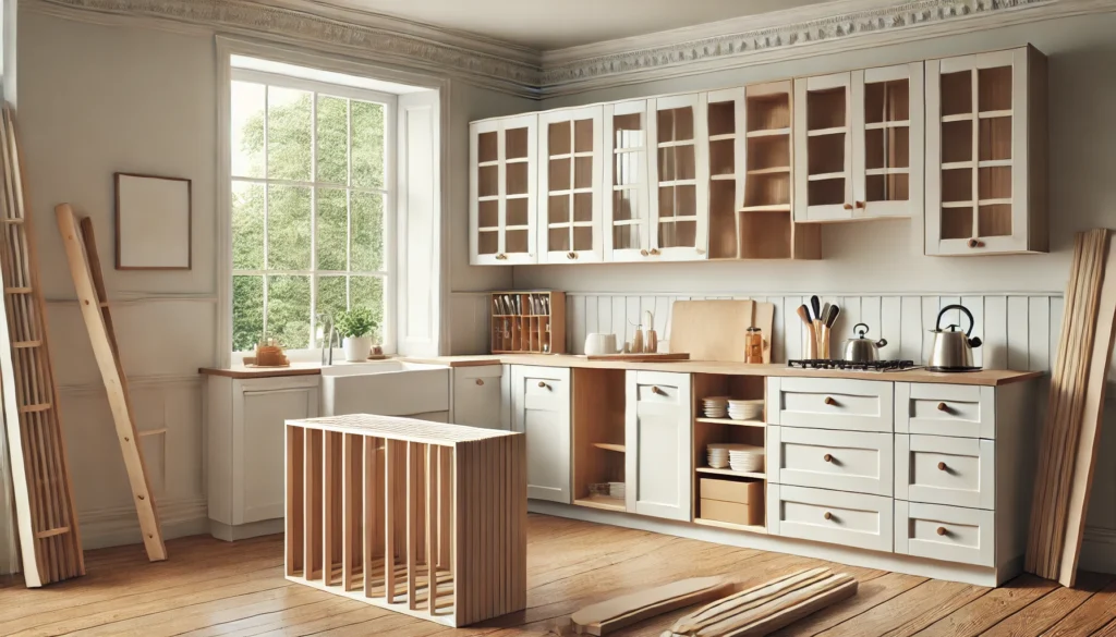 A small kitchen featuring partially assembled ready-to-assemble (RTA) cabinets, offering a variety of styles and finishes at an affordable price. The design is modern and minimalist, with natural light creating a bright, organized atmosphere