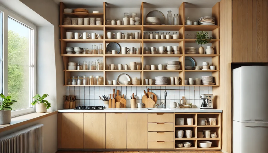 A small kitchen featuring open shelves displaying neatly arranged bowls, mugs, and serving ware. The design enhances the space with a minimalist, budget-friendly approach, creating an open and organized atmosphere