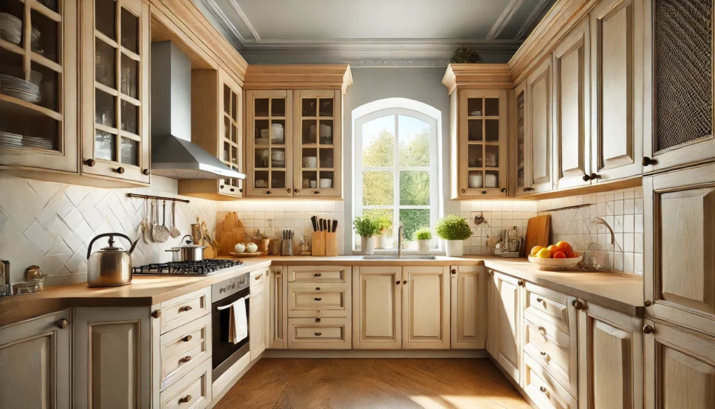 A small kitchen with refaced cabinets featuring new veneer layers and updated doors and drawer fronts. The modern finishes enhance the aesthetic of the kitchen, offering a cost-effective way to update its look