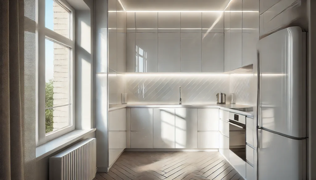 A small kitchen with high-gloss white cabinets reflecting natural light, making the space look brighter and more spacious. The design is modern and minimalist, with a sleek finish requiring minimal care