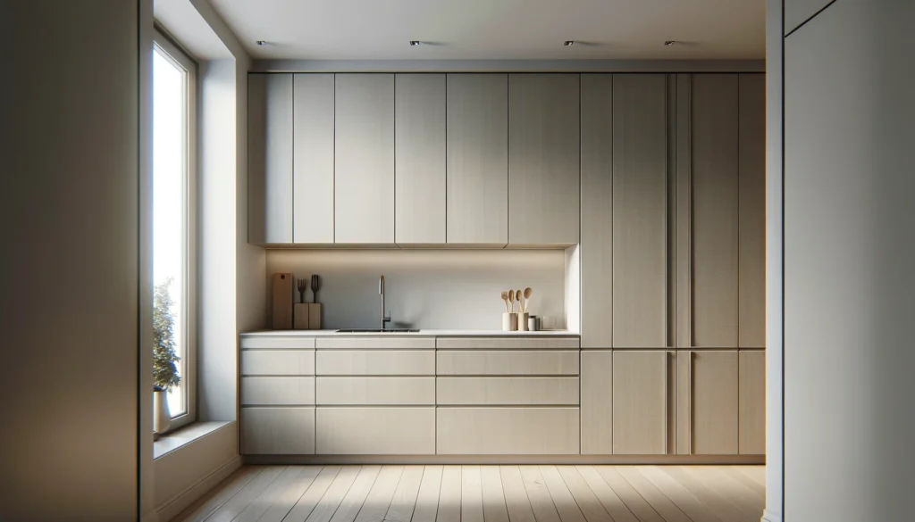 A small kitchen featuring handleless cabinets with a smooth, seamless design. The minimalist style enhances the kitchen's modern and spacious feel, with natural light filling the space