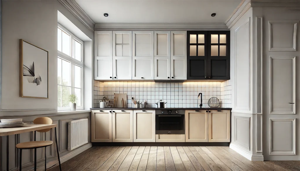 A small kitchen featuring two-tone cabinets with light colors on the upper cabinets and darker shades on the lower cabinets. The modern design creates a sense of space and depth, making the kitchen feel open and stylish