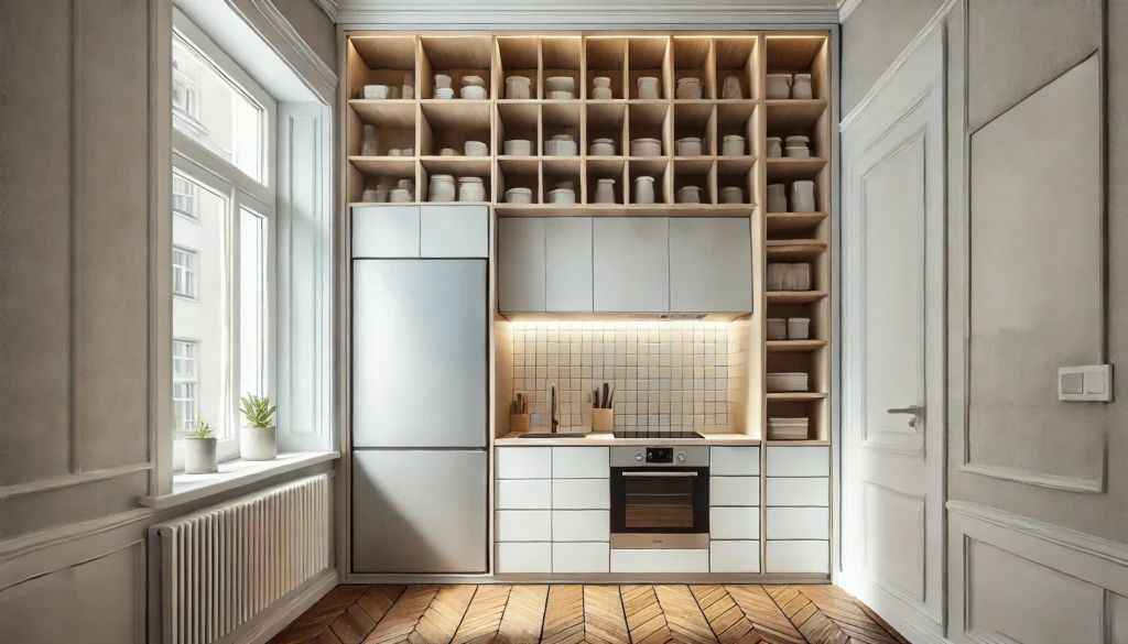 A small kitchen featuring custom floor-to-ceiling cabinets, making use of vertical space for organized storage. The design is modern, spacious, and efficiently maximizes the kitchen's storage capacity