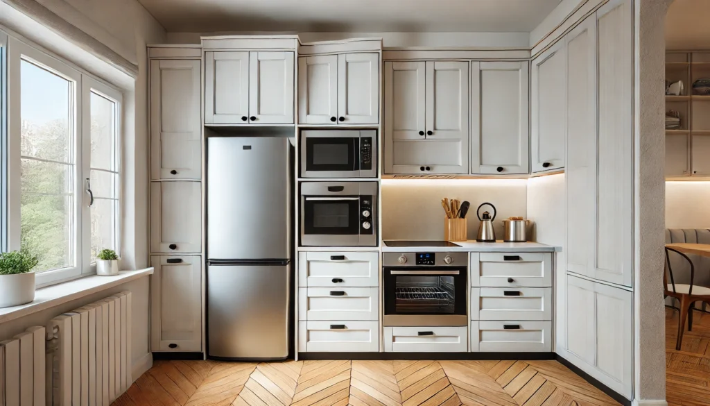 A small kitchen with built-in appliance cabinets that house the refrigerator, microwave, and oven. The design seamlessly integrates appliances, making the kitchen look more spacious and organized