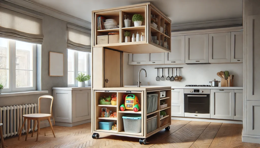 A custom multi-purpose kitchen island in a small kitchen, serving as a storage area, food prep space, and dining area. The island has a mobile design and enhances the kitchen's functionality and organization