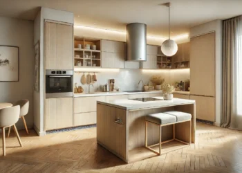Small kitchen with a functional kitchen island offering storage and seating, designed to maximize space in a compact kitchen
