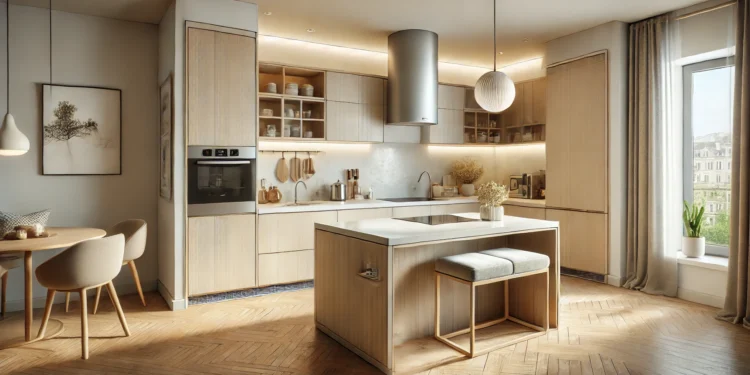 Small kitchen with a functional kitchen island offering storage and seating, designed to maximize space in a compact kitchen