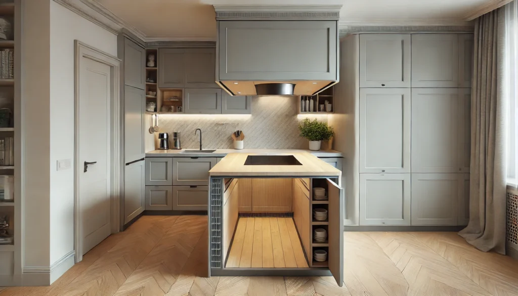 Narrow kitchen island in a small kitchen with hidden storage, pull-down cutting board, and a sleek design to maximize space