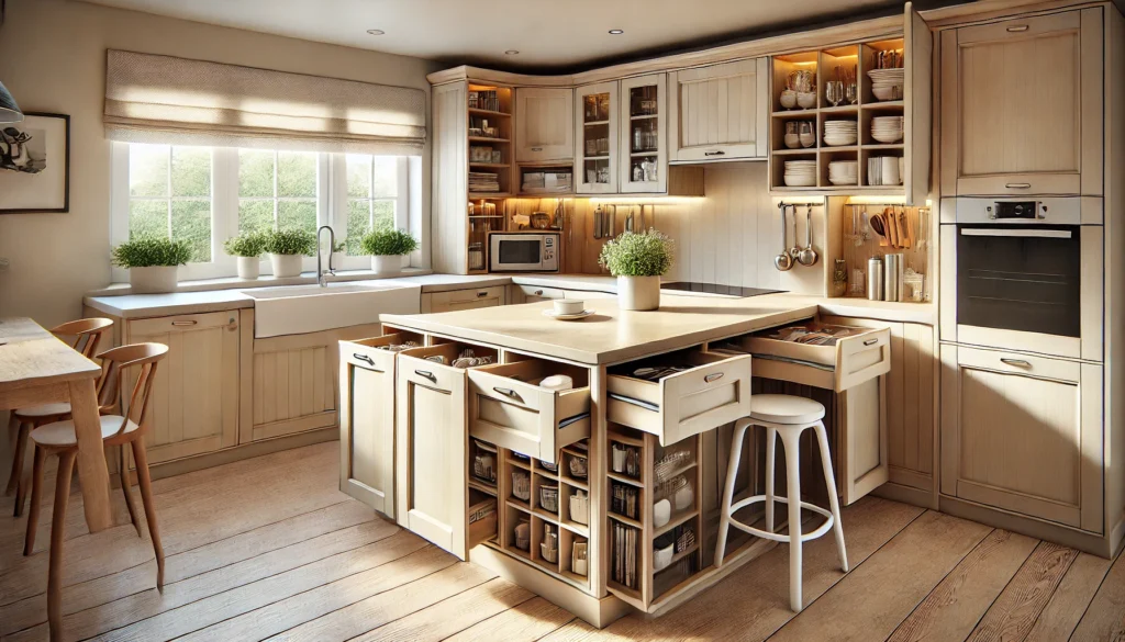 Small kitchen island with integrated seating and storage, providing a functional and space-efficient solution in a modern kitchen