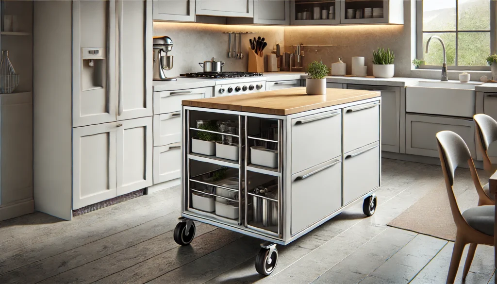 Mobile kitchen island with wheels, offering versatility and built-in storage, perfect for small kitchen spaces