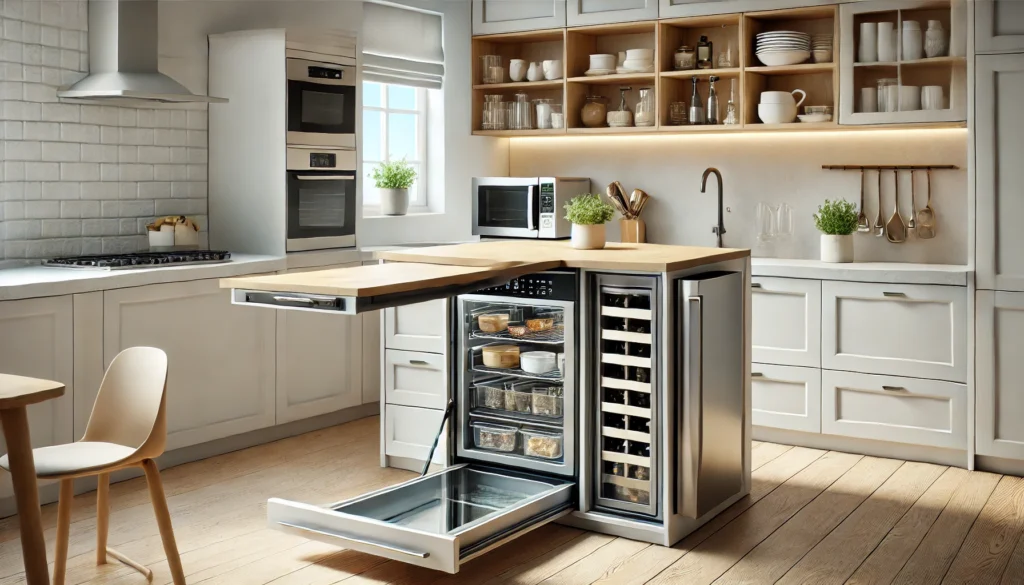 Multi-functional kitchen island with built-in appliances, adjustable surfaces, and hidden storage for trash and recycling in a small kitchen