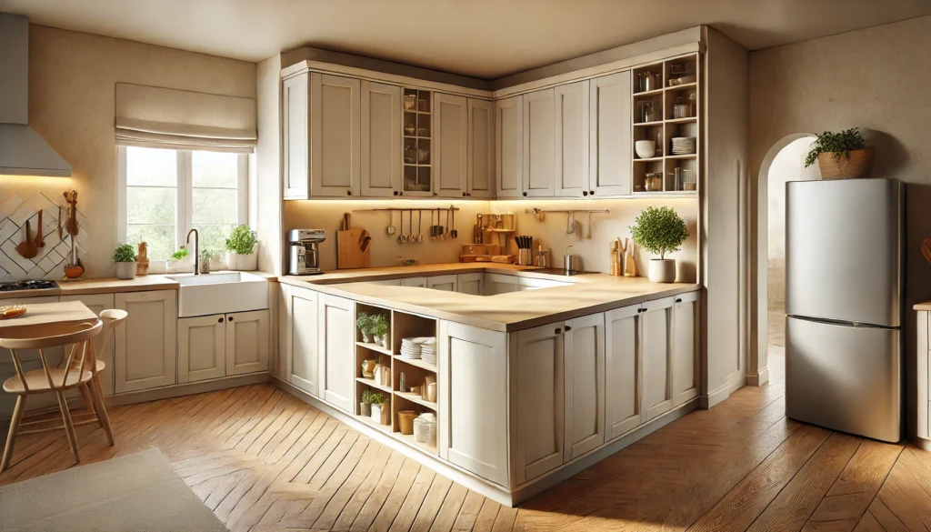 L-shaped kitchen island positioned in a corner, creating distinct zones in a small open-plan kitchen with built-in storage and countertops