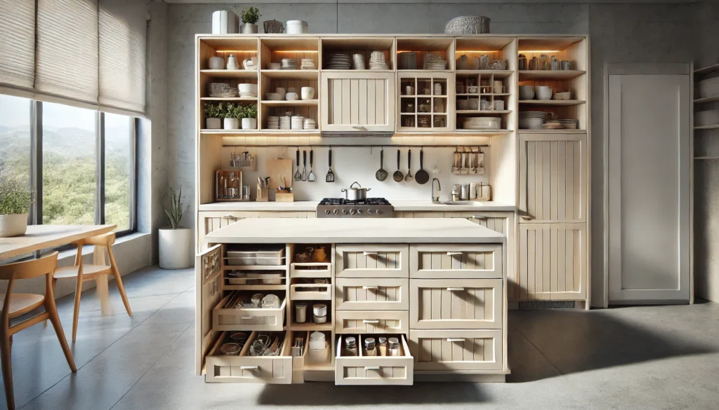 Compact kitchen island with open shelving, deep drawers, and storage solutions for small kitchens, designed to maximize space and reduce clutter