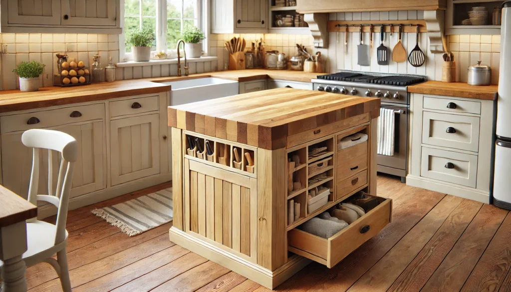 Butcher block kitchen island with natural wood surface, hidden storage, in-wall cutlery slots, and towel bars in a small rustic kitchen