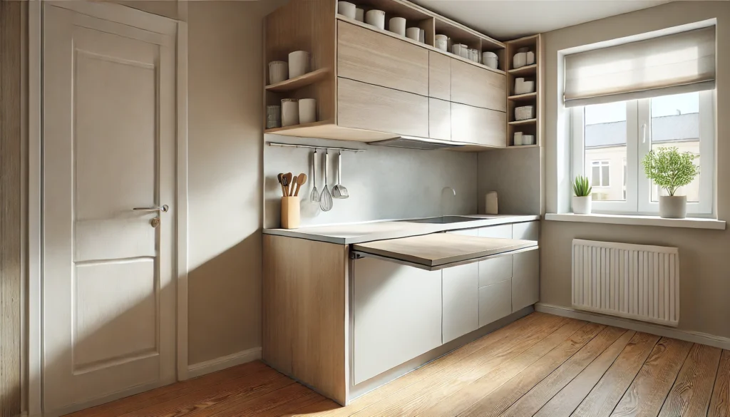 Floating wall-mounted kitchen island in a small kitchen with a fold-down surface to maximize space and provide extra workspace