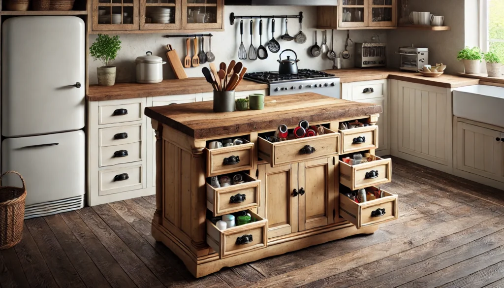 Repurposed dresser turned into a kitchen island with countertop and storage for kitchen tools, adding rustic charm to a small kitchen