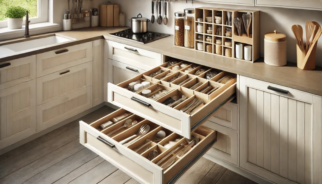 Small kitchen with pull-out drawers and cabinets, organized with dividers for utensils, spices, and small appliances to maximize space