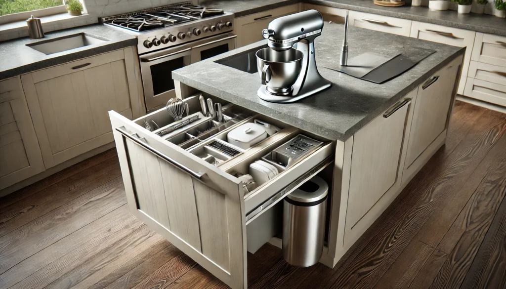 Kitchen island with hidden compartments, including a pop-up mixer stand, pull-out cutting board, and concealed trash bin to maximize space and functionality