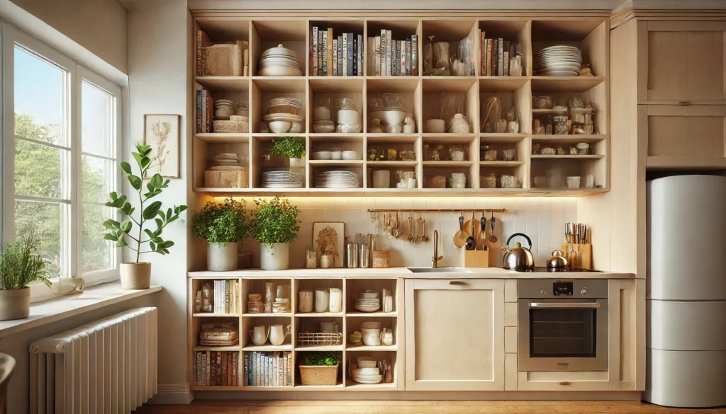 Small kitchen with open shelving displaying decorative items, cookbooks, and commonly used dishes for practical storage and style