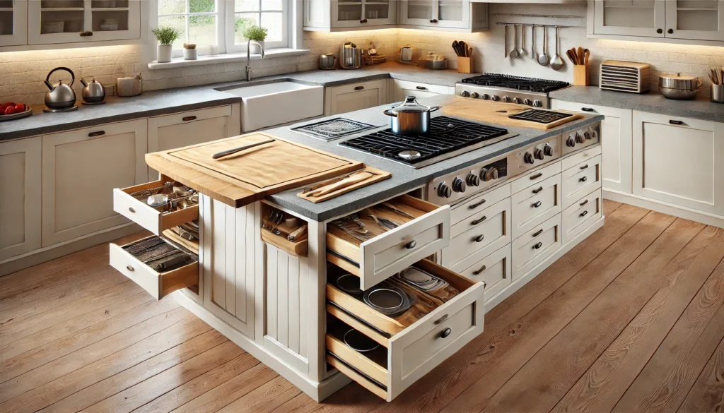 Multifunctional kitchen countertop featuring a butcher block, stone surface for baking, and built-in trivet for hot pots to maximize space and functionality