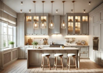 Small modern kitchen with recessed lighting, pendant lights, and under-cabinet lighting, designed to maximize space and functionality