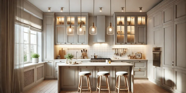 Small modern kitchen with recessed lighting, pendant lights, and under-cabinet lighting, designed to maximize space and functionality
